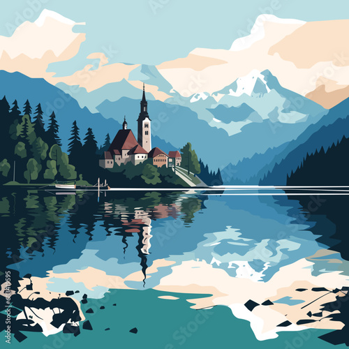 copy space, simple vector illustration, Lake Bled, Slovenia. Flat 2D illustration, beautiful lake Blad landscape.  The pilgrimage church dedicated to the Assumption of Mary on Bled island. Famous tour