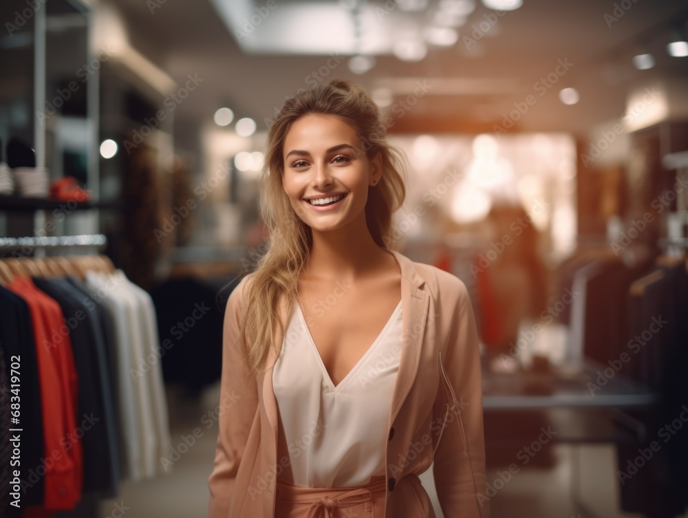 A beautiful woman in light fashionable clothes smiles welcomingly in a clothing store. Fashion and beauty. Shopping and consumption. A beautiful woman in light fashionable clothes smiles welcomingly in a clothing store. Fashion and beauty. Shopping and consumption.