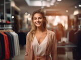 A beautiful woman in light fashionable clothes smiles welcomingly in a clothing store. Fashion and beauty. Shopping and consumption.