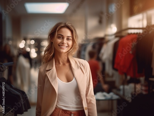 A beautiful woman in light fashionable clothes smiles welcomingly in a clothing store. Fashion and beauty. Shopping and consumption. Free Download A beautiful woman in light fashionable clothes smiles welcomingly in a clothing store. Fashion and beauty. Shopping and consumption. - GFXLoad