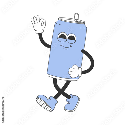 Groovy hippie soda metal can. Cartoon character in trendy retro style. Isolated vector illustration