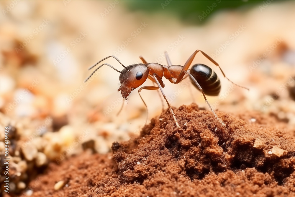 Closeup of red ant in nature. Generative AI