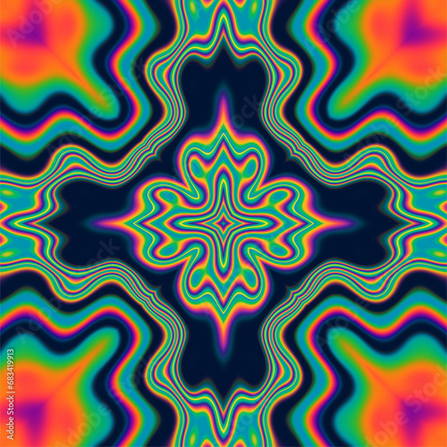 A mesmerizing arrangement of kaleidoscopic geometric shapes, presenting a hypnotic background awash in the vivid hues of a neon psychedelic acid rainbow.