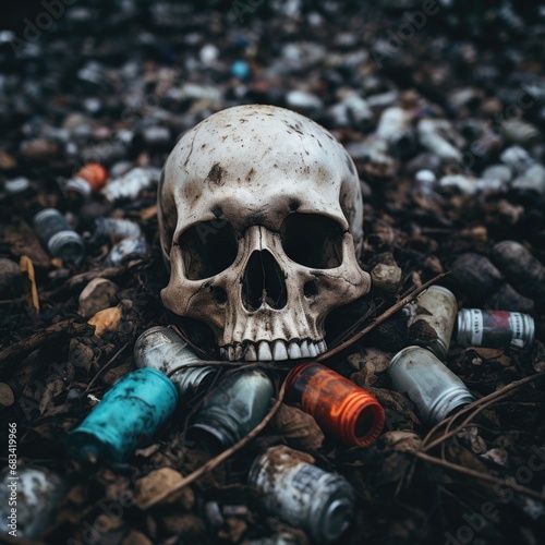 Human skull in plastic waste trash. Human extinction due to environmental pollution. photo