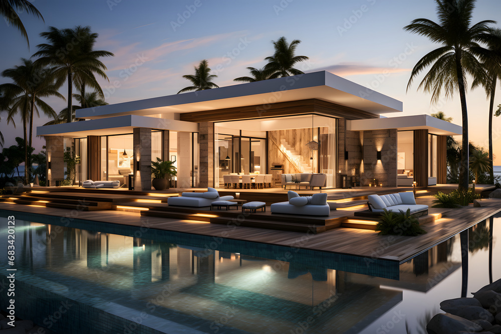 Exterior of amazing modern minimalist cubic villa with large swimming pool among palm trees. ai generated