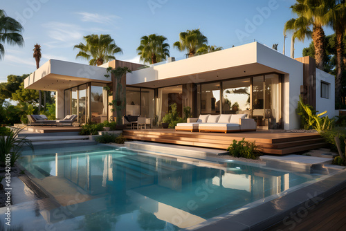Exterior of amazing modern minimalist cubic villa with large swimming pool among palm trees. ai generated © ImagineStock