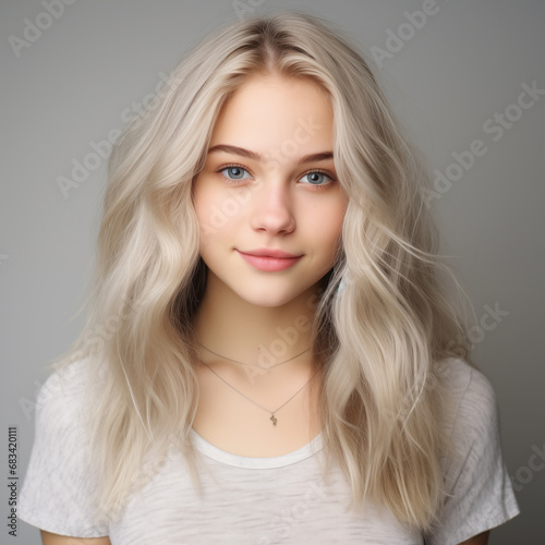 Young teenage blond woman with smiling face portrait. Generative AI