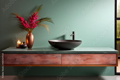 Interior of modern bathroom with red and green walls, concrete floor, green sink and black vase with dried flowers. ai generated