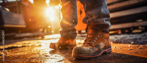 Worker's Safety Boots on Construction Ground with Sunset. photo