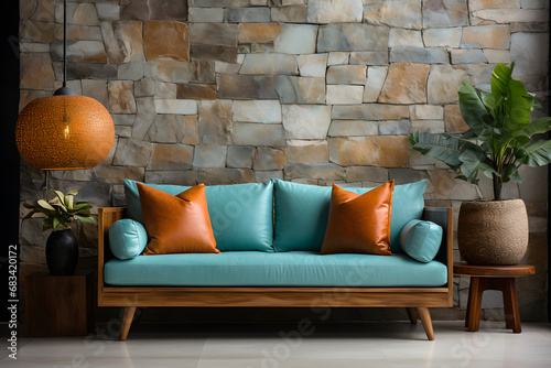 blue sofa with orange pillows against stone wall. Minimalist loft home interior design of modern living room, ai generated