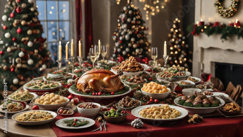 A Christmas dinner table full of dishes with food and snacks, adorned with New Year's decor, including a Christmas tree in the background. Generated with AI