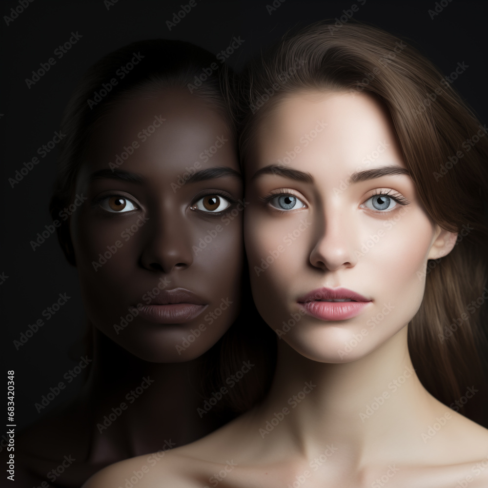 Black and white skin young woman portrait. Generative AI Black and white skin young woman portrait. Generative AI