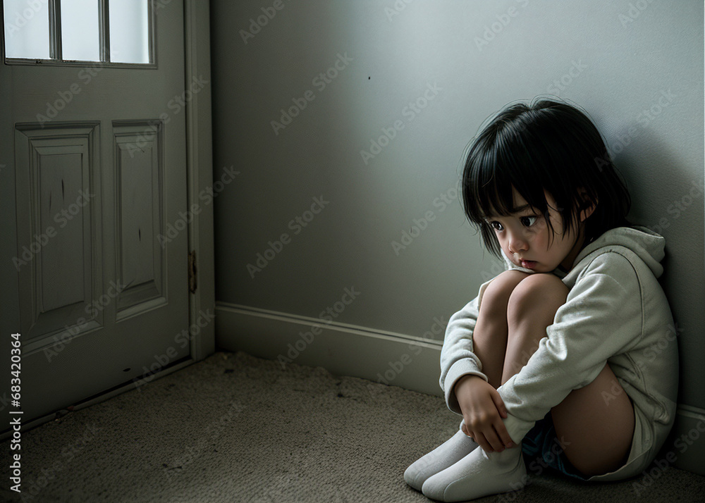Obraz premium small child in fear, sitting on the floor. 