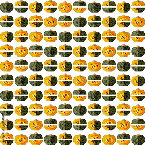 Seamless pattern with Kabocha winter squash pumpkins. Chestnut squash. Fruit and vegetables. Flat style. Isolated vector illustration.