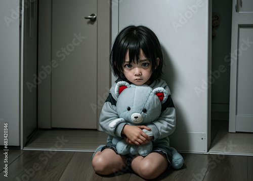 small child in fear, sitting on the floor. 