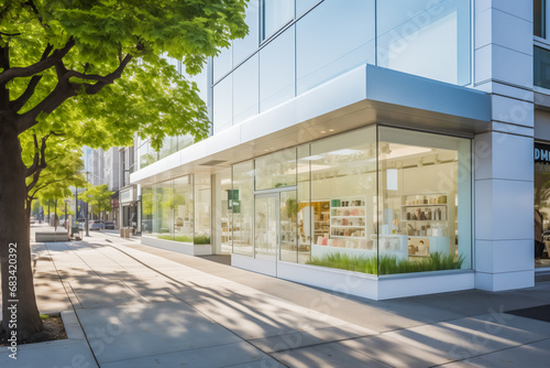 Contemporary Pharmacy Building with Clear Window Display on Urban Street. photo