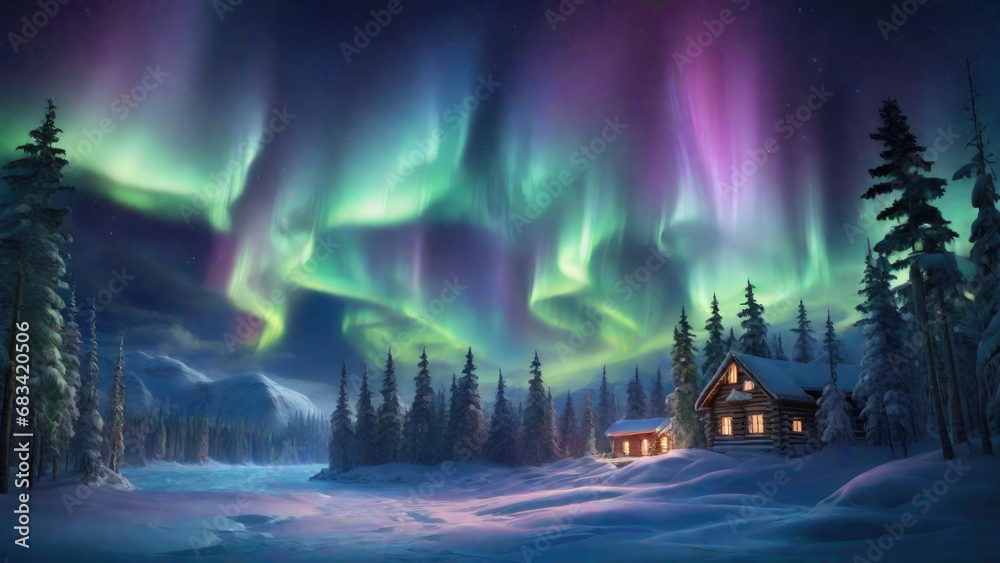 The Aurora Borealis, or northern lights, illuminates the winter forest. Generated with AI