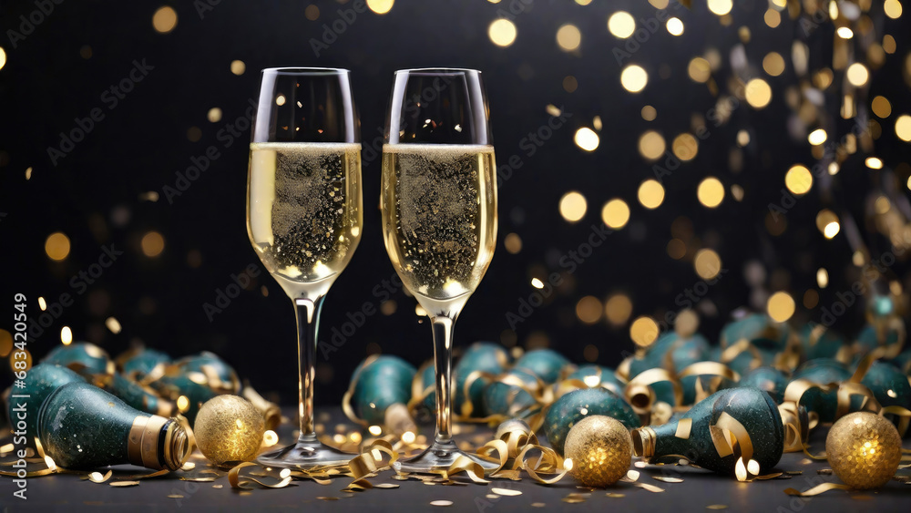 Two glasses of champagne, adorned with confetti, glitter, serpentine, and sparkling lights, stand as a festive centerpiece.  Generated with AI