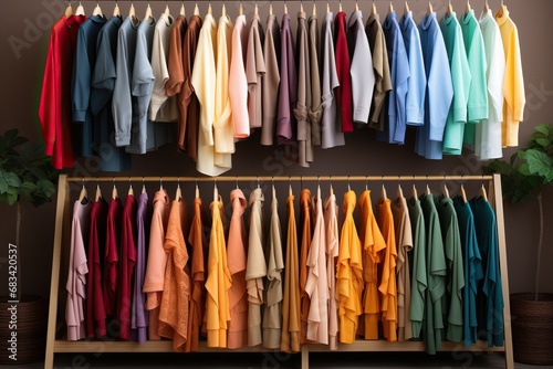 Neat women's clothes hang on hangers in the dressing room.