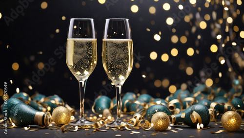 Two glasses of champagne, adorned with confetti, glitter, serpentine, and sparkling lights, stand as a festive centerpiece. Generated with AI