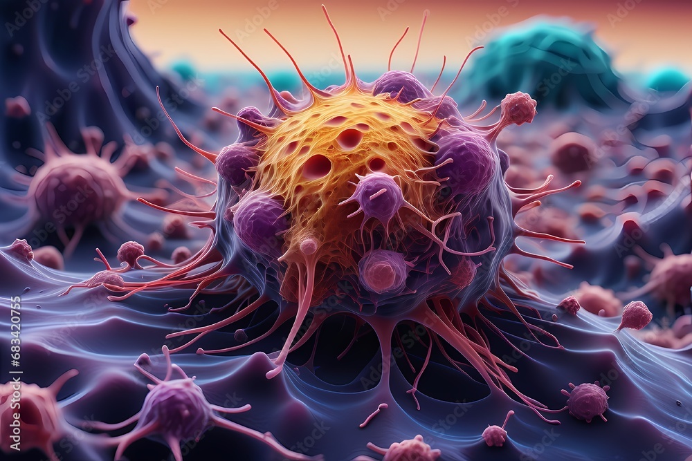 Obraz premium 3D rendering of microscopic human and cancer cells on science day background