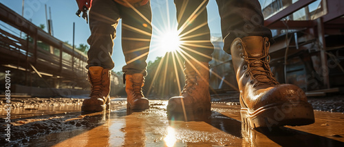 Construction Worker's Boots on Site at Sunrise photo
