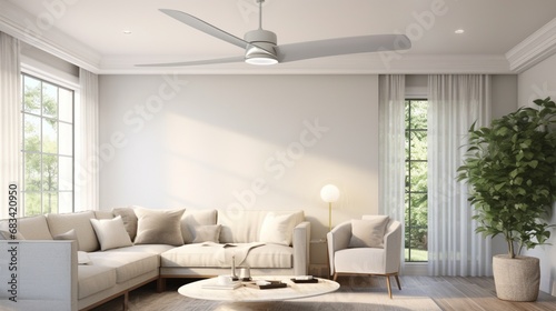 A modern white ceiling fan, its blades in motion, symbolizing the blend of form and function in home comfort. photo