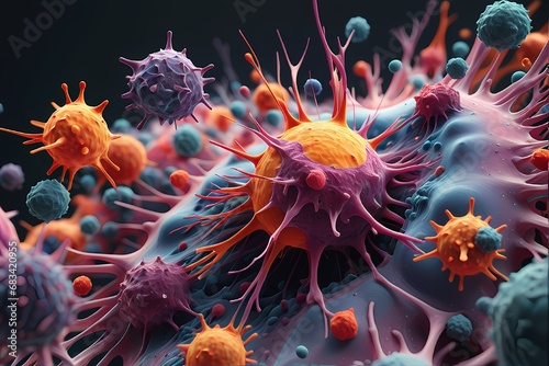3D rendering of microscopic human and cancer cells on science day background © DWAG