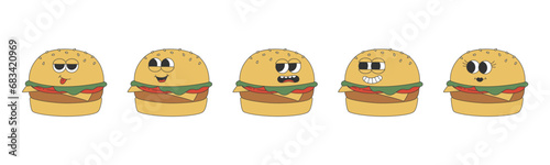 Set of groovy hippie burgers. Cartoon characters in trendy retro style. 