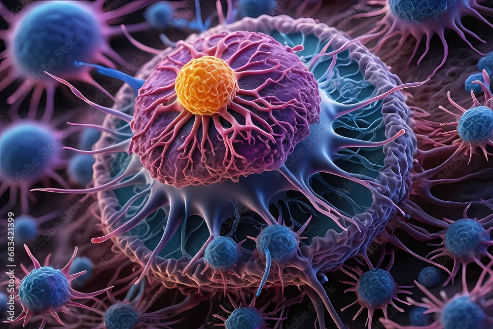 Fototapeta premium 3D rendering of microscopic human and cancer cells on science day background