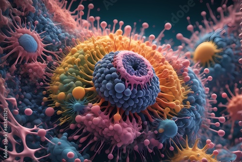 3D rendering of microscopic human and cancer cells on science day background © AUG2024