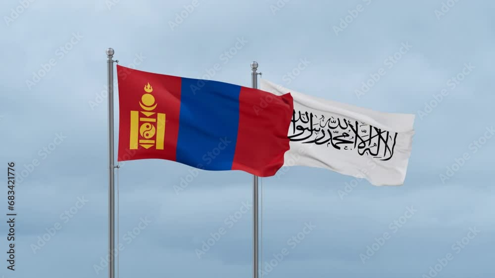Mongolia flag and Afghanistan flag waving together on cloudy sky, endless seamless loop Mongolia flag and Afghanistan flag waving together on cloudy sky, endless seamless loop