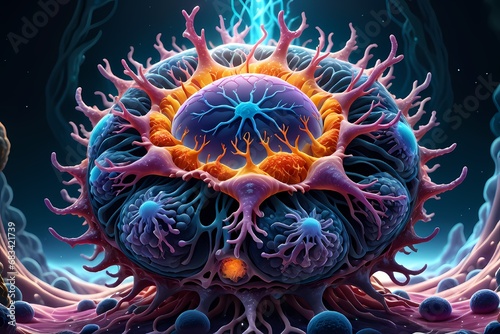 3D rendering of microscopic human and cancer cells on science day background 