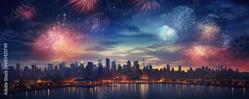A huge fireworks display over a big city. New Year celebrations. Generative AI.