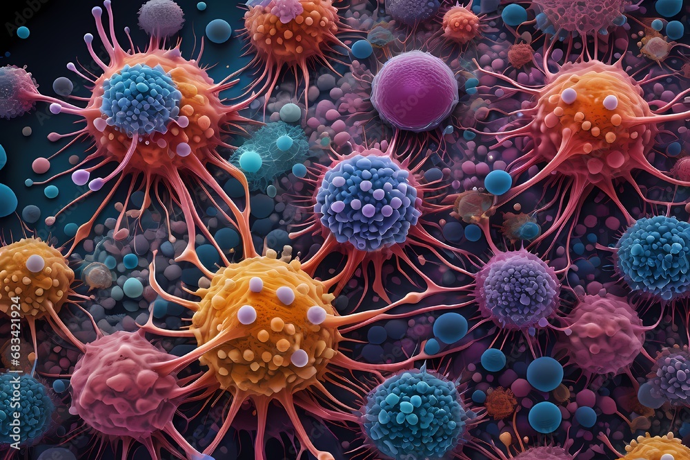 3D rendering of microscopic human and cancer cells on science day background 