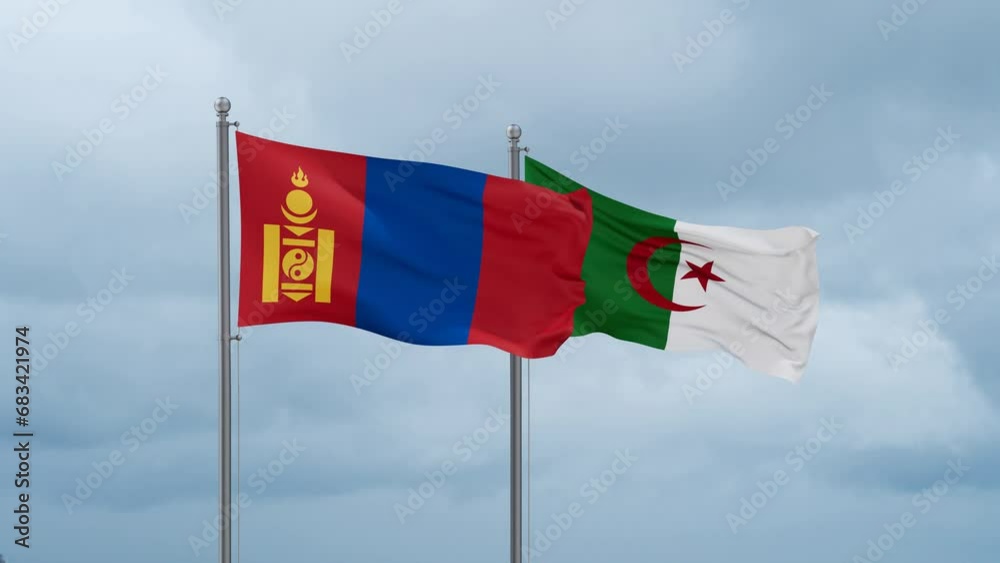 Mongolia flag and Algeria flag waving together on cloudy sky, endless seamless loop
