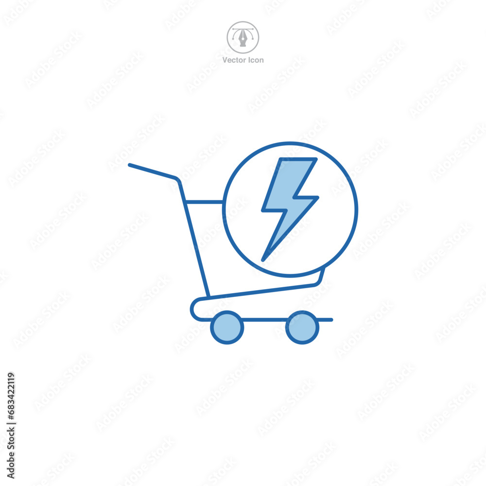Flash Sale. shopping cart and lightning Icon symbol vector illustration isolated on white background Flash Sale. shopping cart and lightning Icon symbol vector illustration isolated on white background
