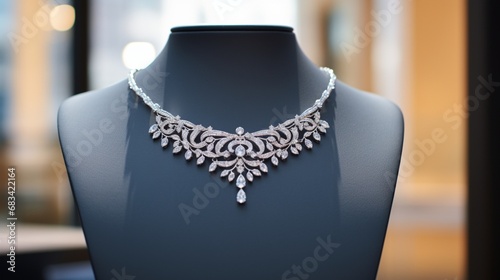 A necklace with intricate metalwork and tiny diamond studs, displaying craftsmanship, presented on an ornate stand against a white setting.