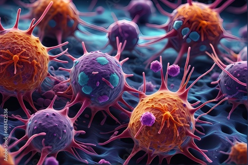 3D rendering of microscopic human and cancer cells on science day background 