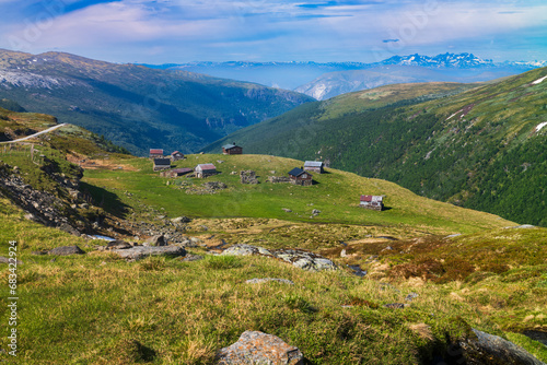 Seter mountain farm landscape along Aurlandsfjellet scenic route near Kvignadal, Norway.
