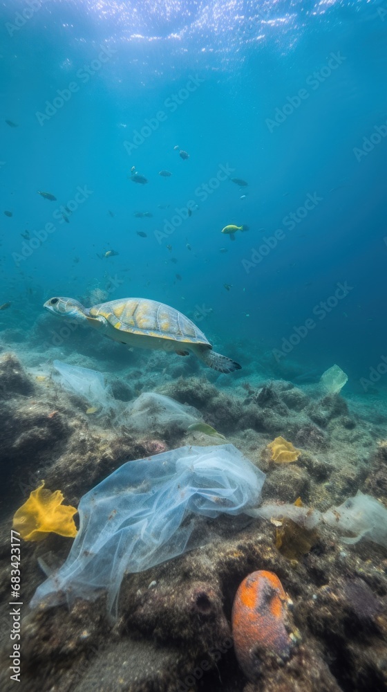 Obraz premium Ocean pollution with plastic: a plastic bag floating underwater amidst fish, turtle and coral. A distressing depiction of the environmental threat posed by plastic waste to marine ecosystems