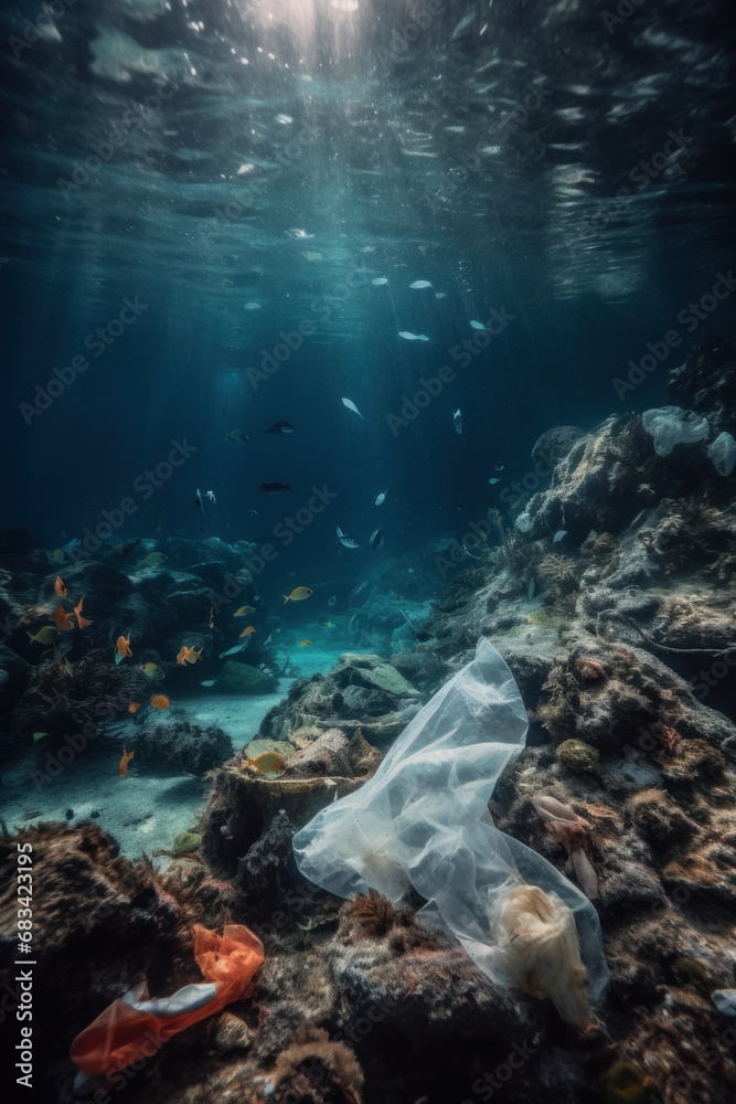 Obraz premium Ocean pollution with plastic: a plastic bag floating underwater amidst fish, turtle and coral. A distressing depiction of the environmental threat posed by plastic waste to marine ecosystems