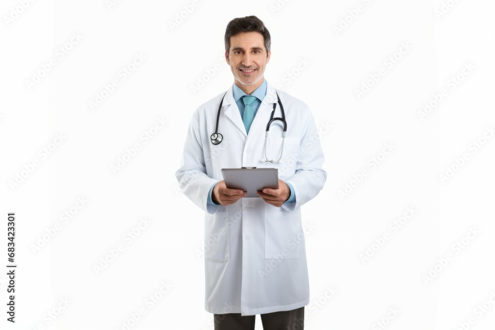 Man portrait of a doctor wearing a white coat and and a stethoscope looking into the camera on a white isolated background, copy space, space for text, health Man portrait of a doctor wearing a white coat and and a stethoscope looking into the camera on a white isolated background, copy space, space for text, health