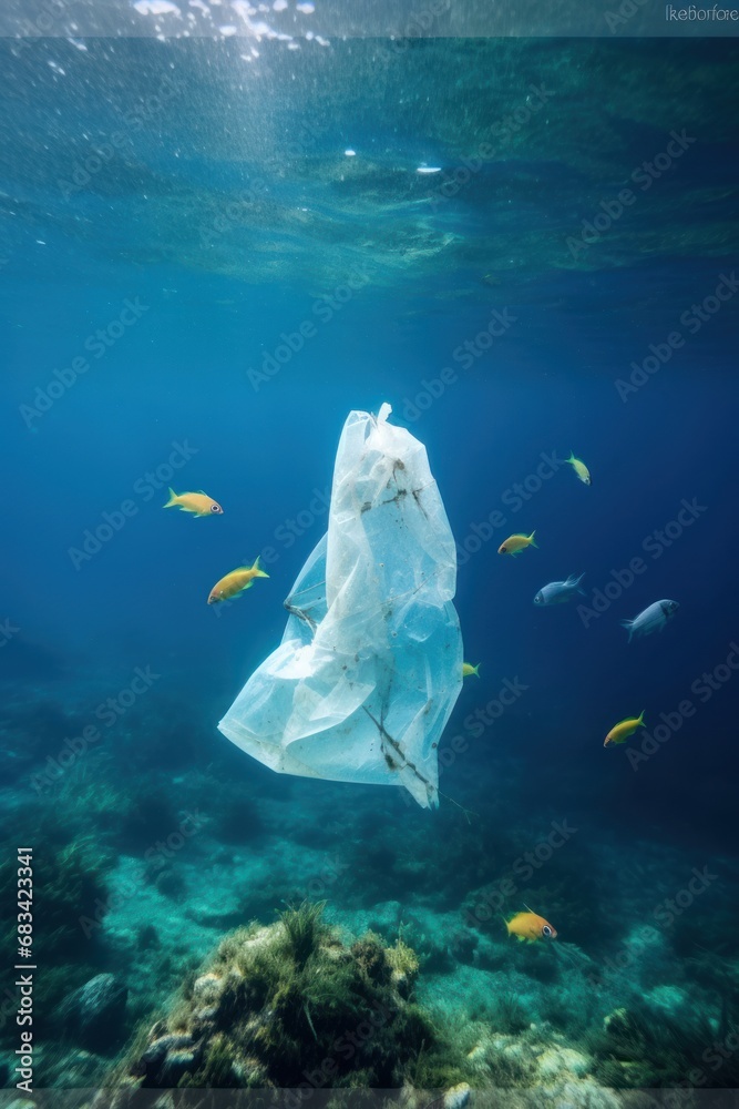 Ocean pollution with plastic: a plastic bag floating underwater amidst ...