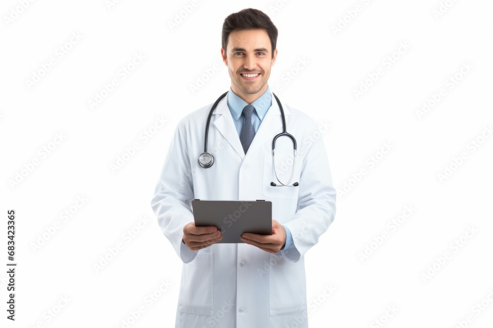 Man portrait of a doctor wearing a white coat and and a stethoscope looking into the camera on a white isolated background, copy space, space for text, health Man portrait of a doctor wearing a white coat and and a stethoscope looking into the camera on a white isolated background, copy space, space for text, health