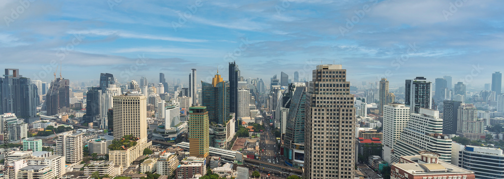 Naklejka premium Bangkok city skyline panorama cityscape. High angle view landscape of modern metropolis at day time. Skyscrapers and modern buildings