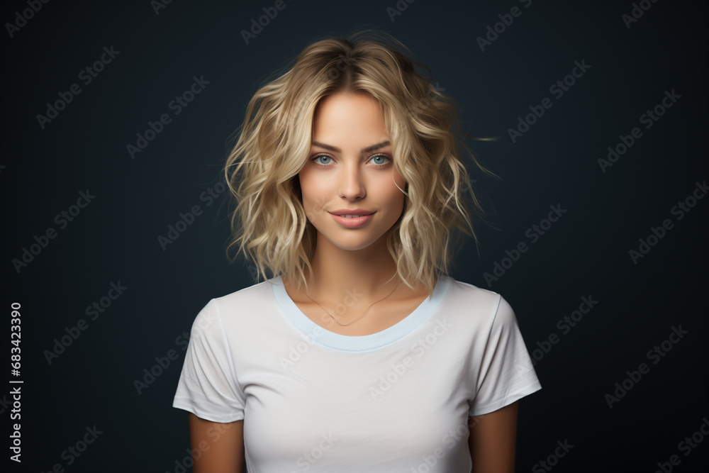 Ritratto di una bellissima donna con capelli corti e biondi vestita con una maglietta bianca su sfondo scuro. Ritratto di una bellissima donna con capelli corti e biondi vestita con una maglietta bianca su sfondo scuro.
