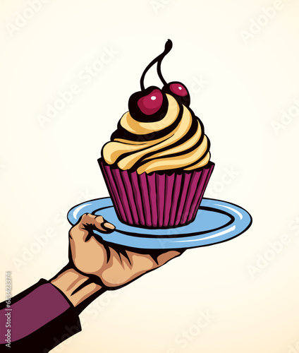 Vector drawing. The hand offers a treacherous treat