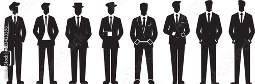 Flat vector illustrations of corporate businessmen in various poses, such as a lawyer, teacher, sales manager, boss, politician, and broker, depicted in silhouette. A diverse range of business people.
