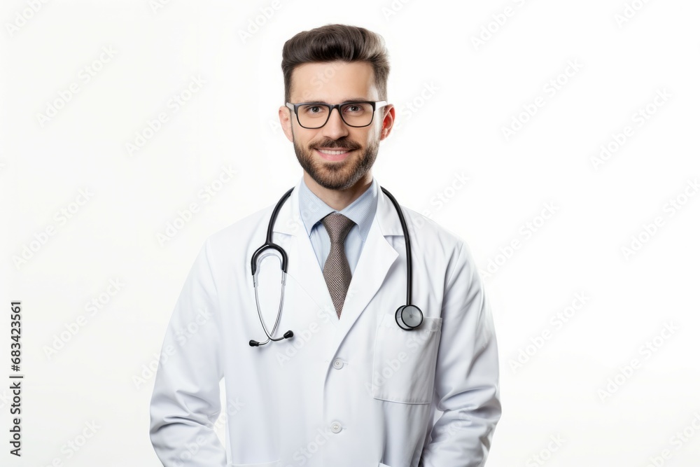 Man portrait of a doctor wearing a white coat and and a stethoscope looking into the camera on a white isolated background, copy space, space for text, health